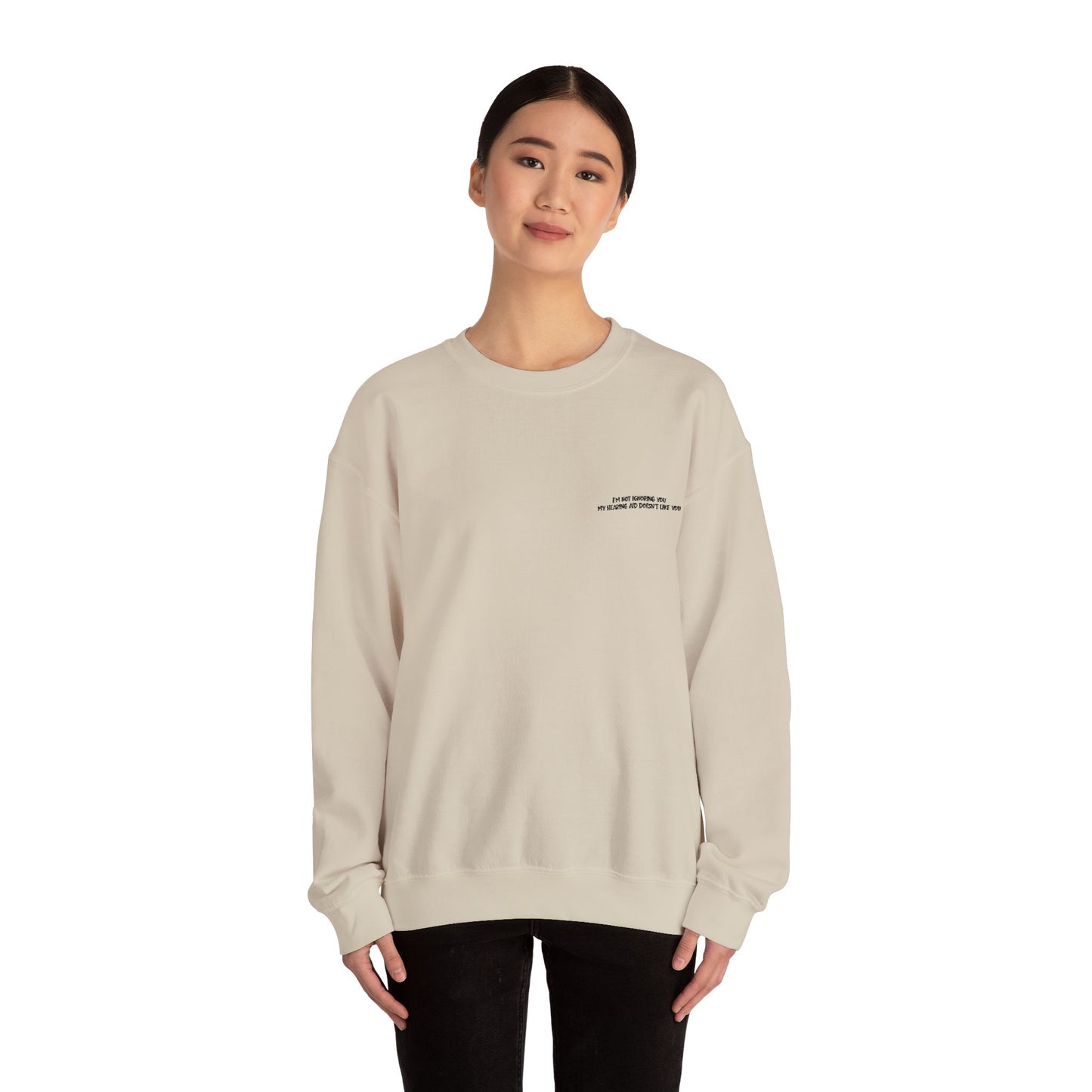 Minimalist Micro-Text Crewneck Sweatshirt — Subtle Chest Script