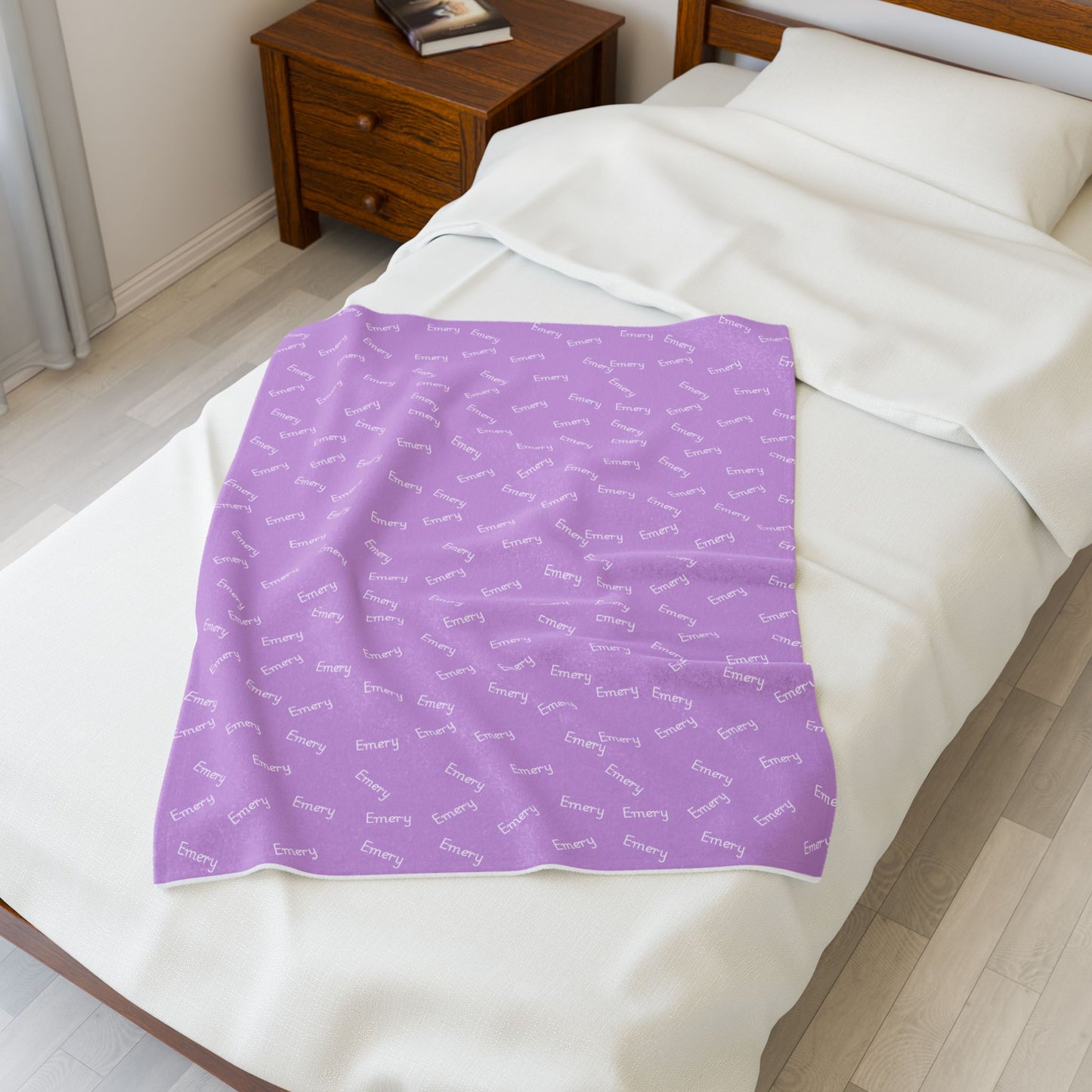 Lavender 'Sunny' Velveteen Plush Blanket — Soft Cozy Throw with Repeating Script Pattern