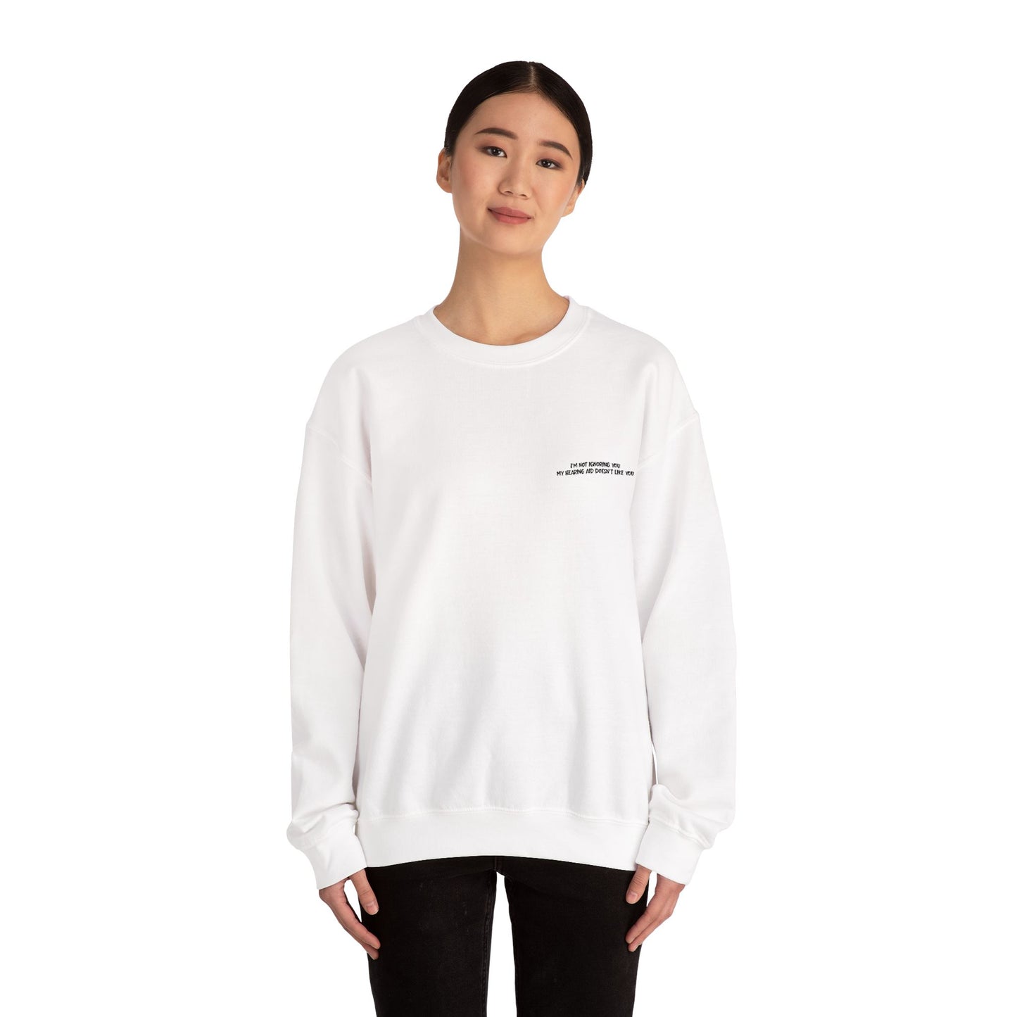 Minimalist Micro-Text Crewneck Sweatshirt — Subtle Chest Script